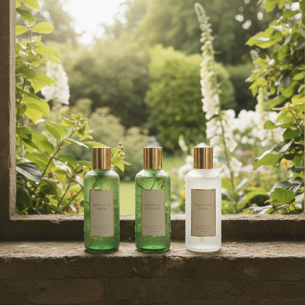 Three bottles of skin care product arranged on a ledge outdoors.