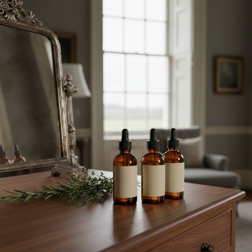 Two bottles of an oil-based product, possibly essential oils, sit on a dresser beside a mirror and a sprig of rosemary. Th...