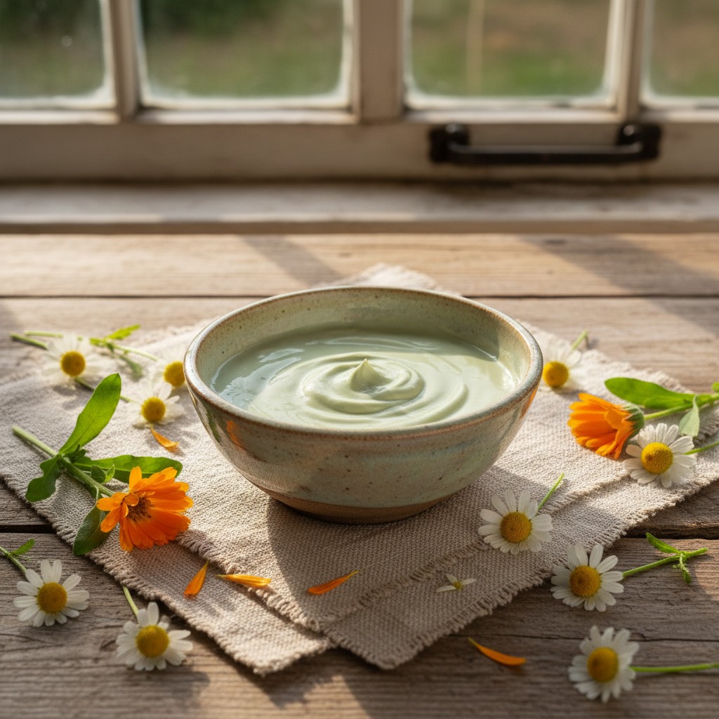 A bowl of white, creamy substance sits on a folded, tan-colored, linen weave cloth, flanked by wildflowers (some pressed i...