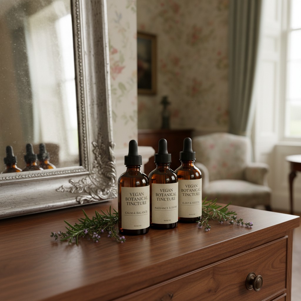 The image features three organic beauty products containing earth-friendly vegetarian formulas in these brown amber glass ...